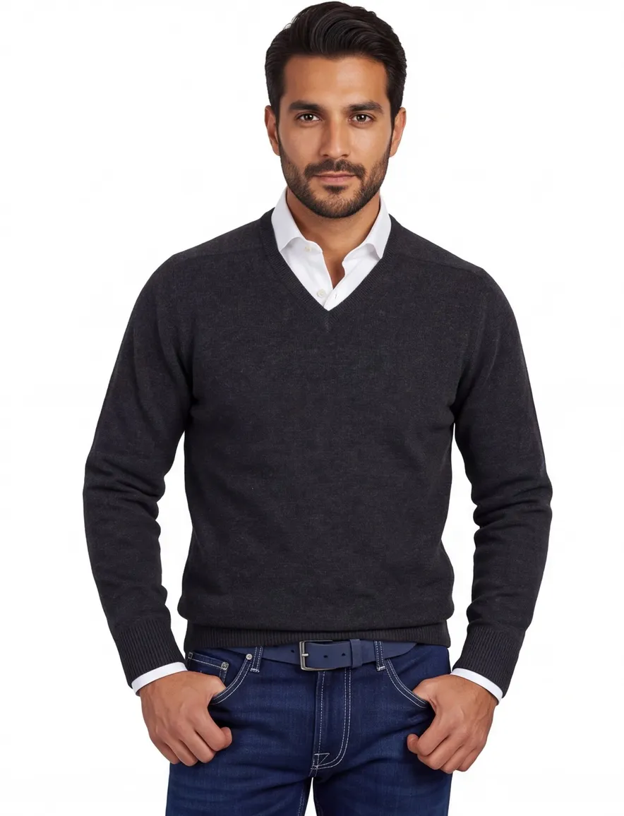 William Lockie lamswollen trui donkergrijs v-hals