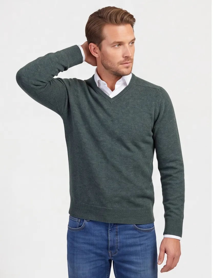 William Lockie trui v-hals groen melange lamswol
