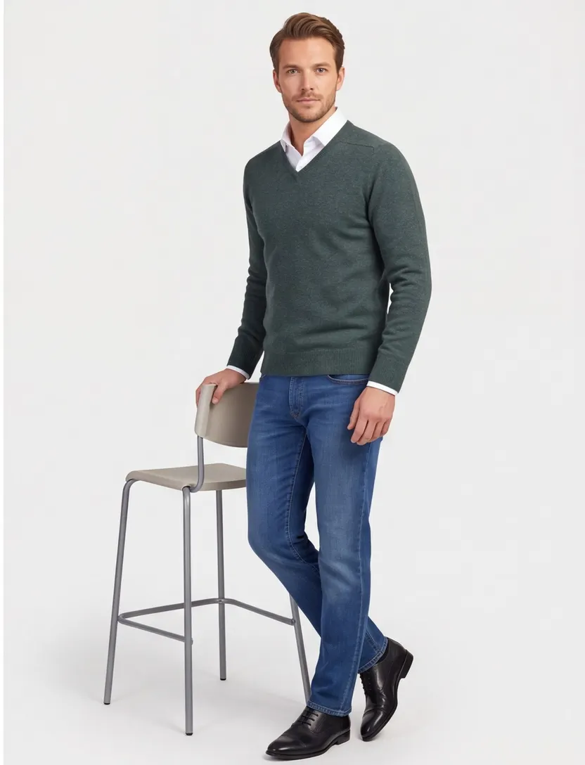 William Lockie trui v-hals groen melange lamswol
