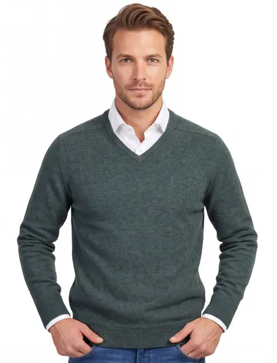 William Lockie William Lockie trui v-hals groen melange lamswol