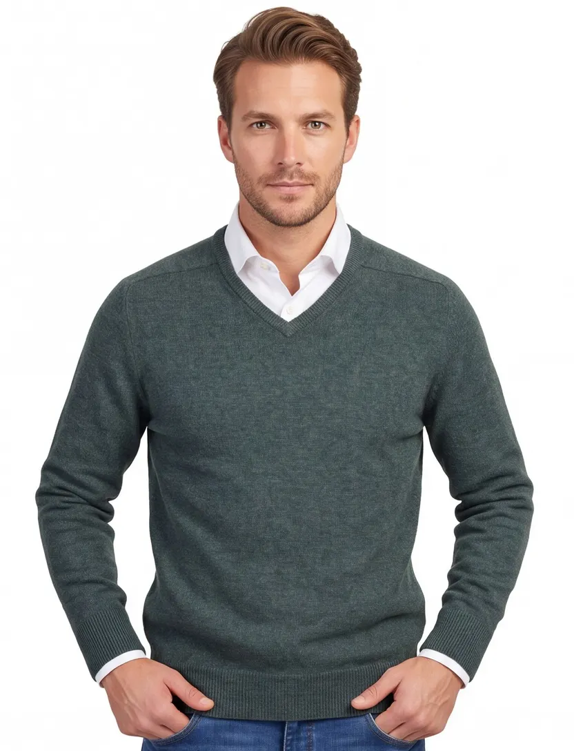 William Lockie trui v-hals groen melange lamswol