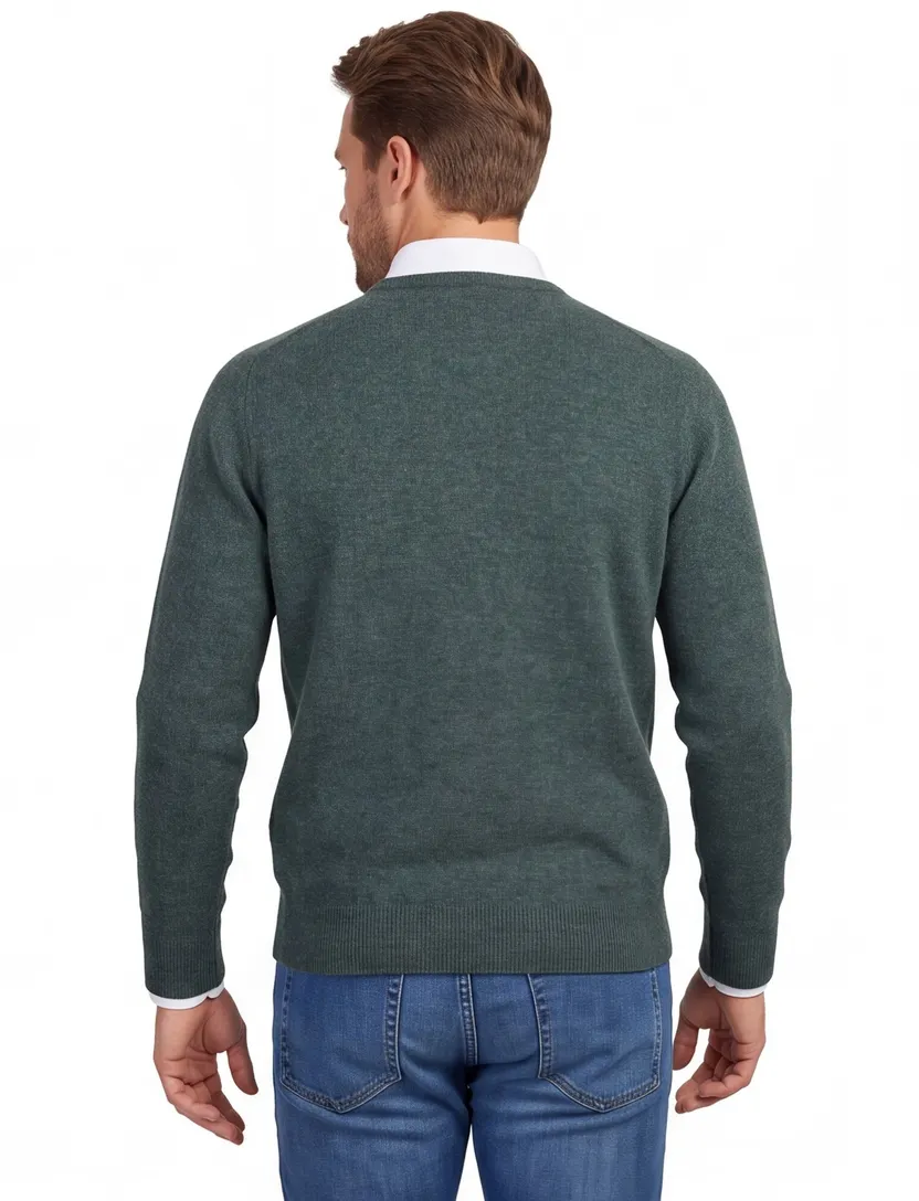 William Lockie trui v-hals groen melange lamswol