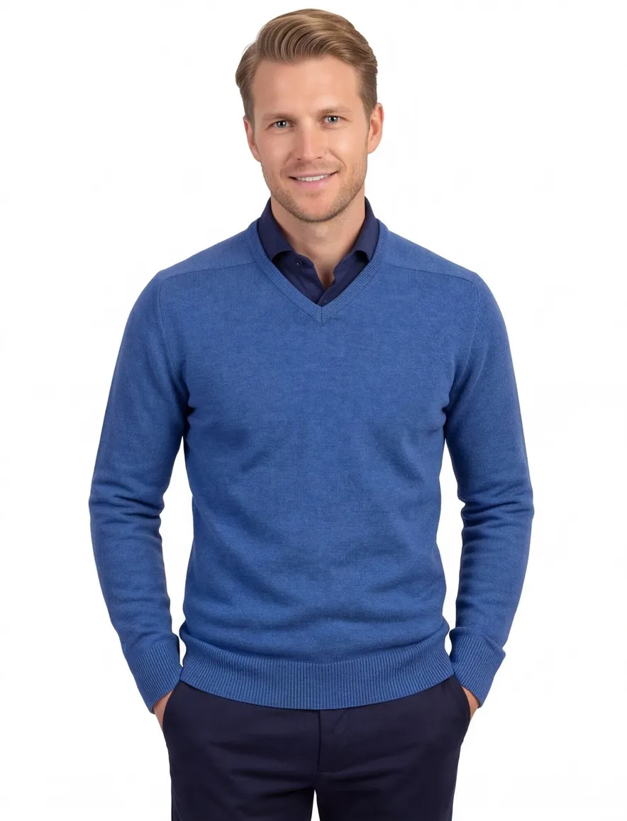 William Lockie trui blauw v-hals lamswol