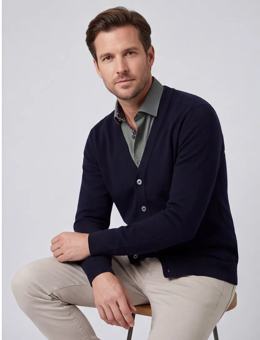 William Lockie vest donkerblauw effen lamswol knopen