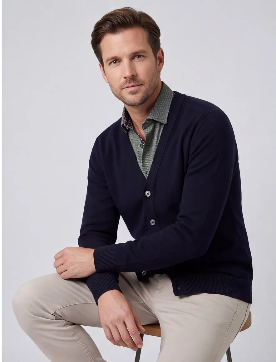 William Lockie vest donkerblauw knopen effen lamswol