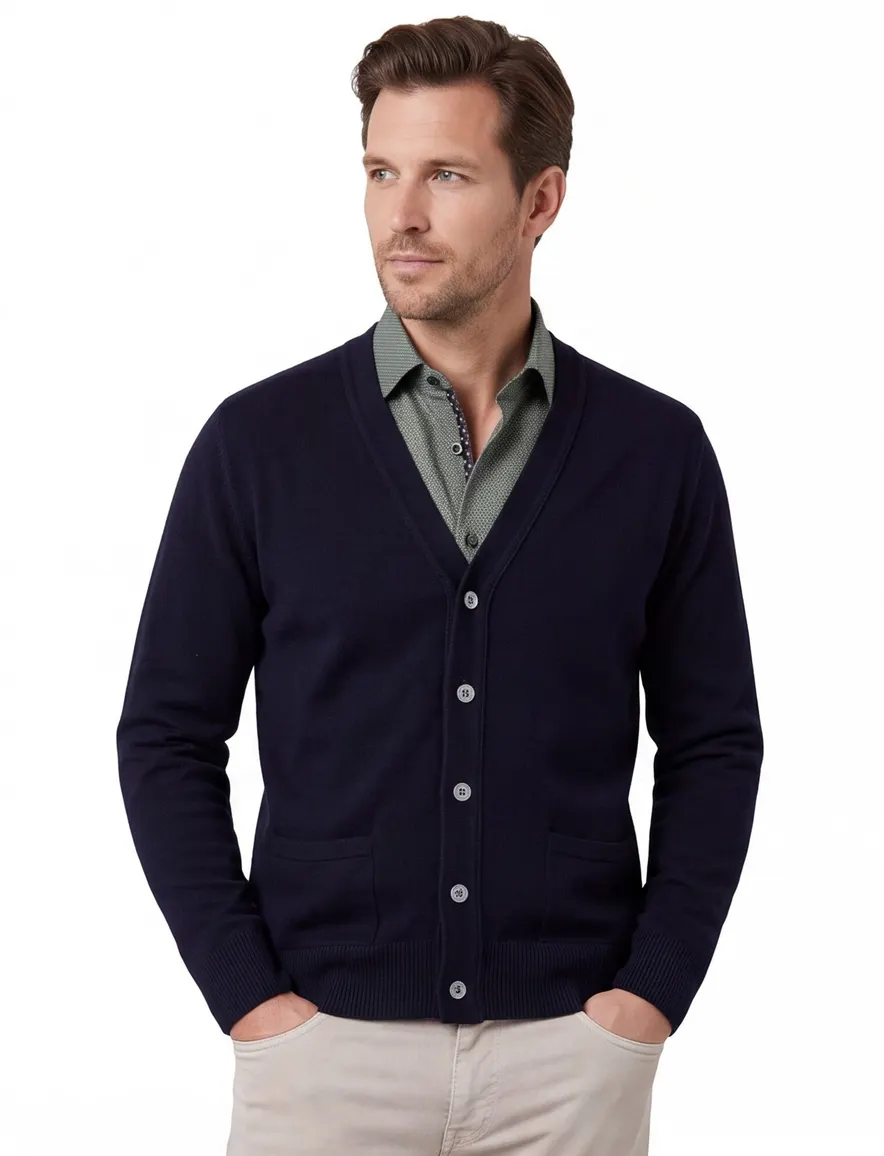 William Lockie vest donkerblauw knopen effen lamswol