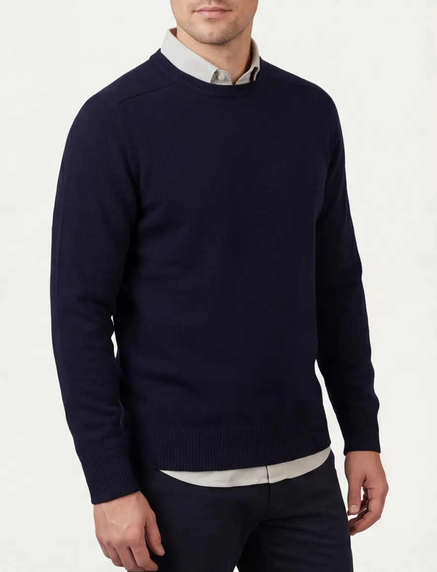 William Lockie lamswollen trui navy ronde hals