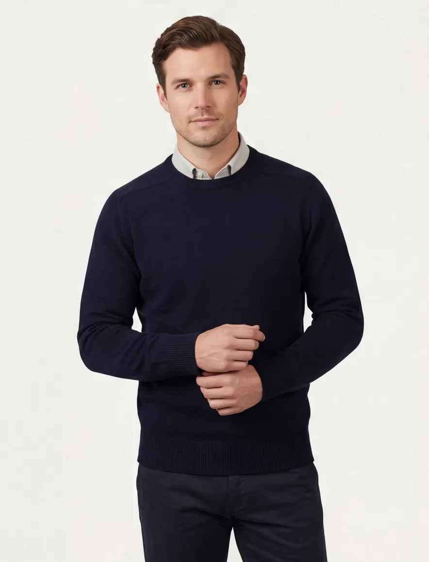 William Lockie lamswollen trui navy ronde hals