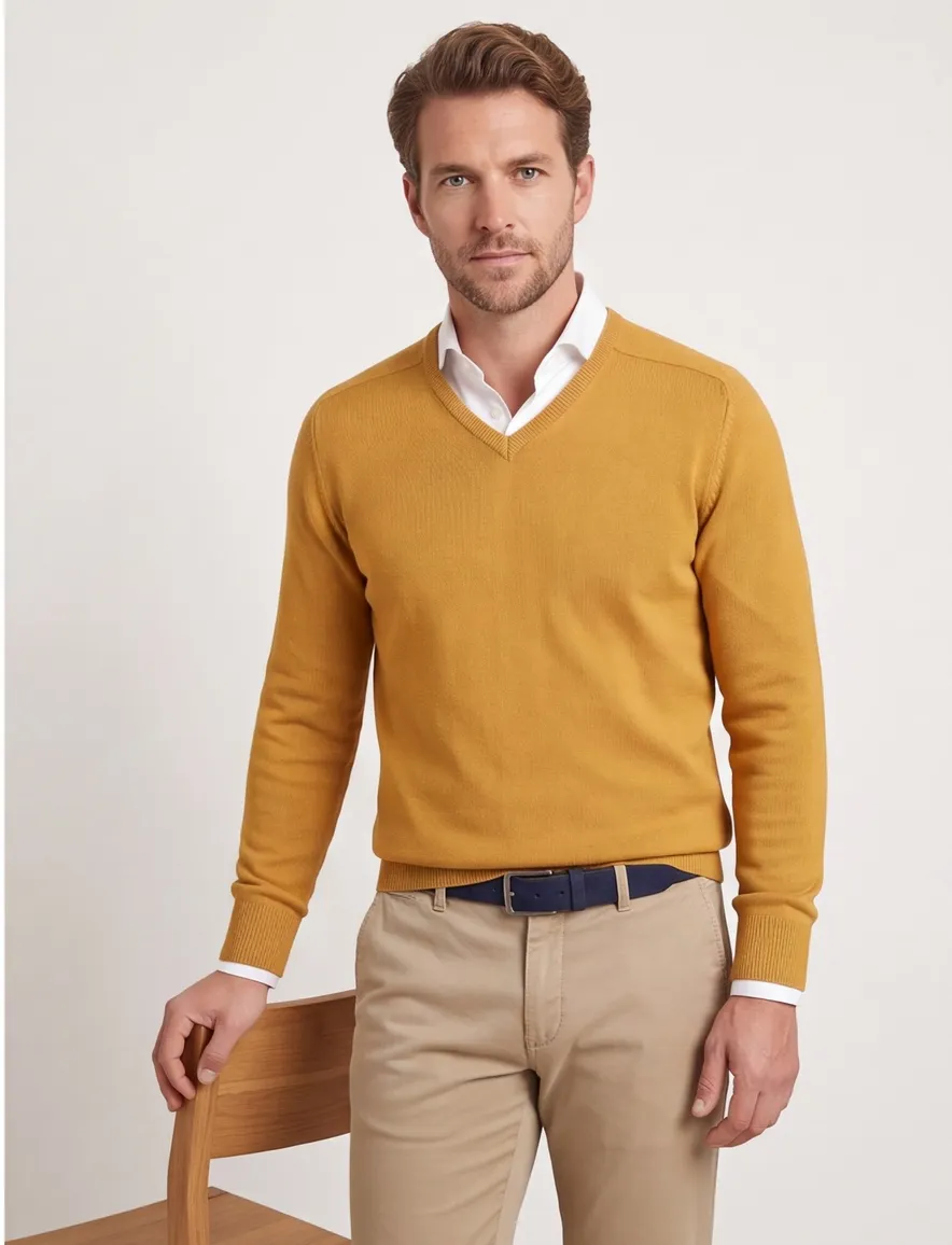 William Lockie trui v-hals geel effen lamswol, wol