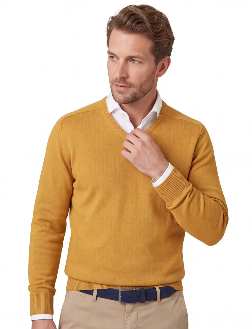 William Lockie trui v-hals geel effen lamswol, wol