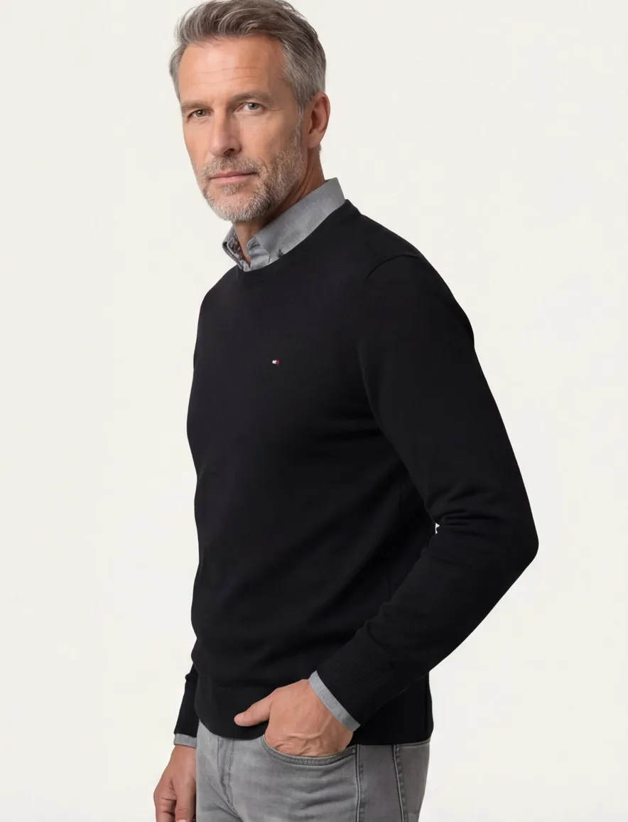 Tommy Hilfiger trui Big & Tall ronde hals zwart effen katoen