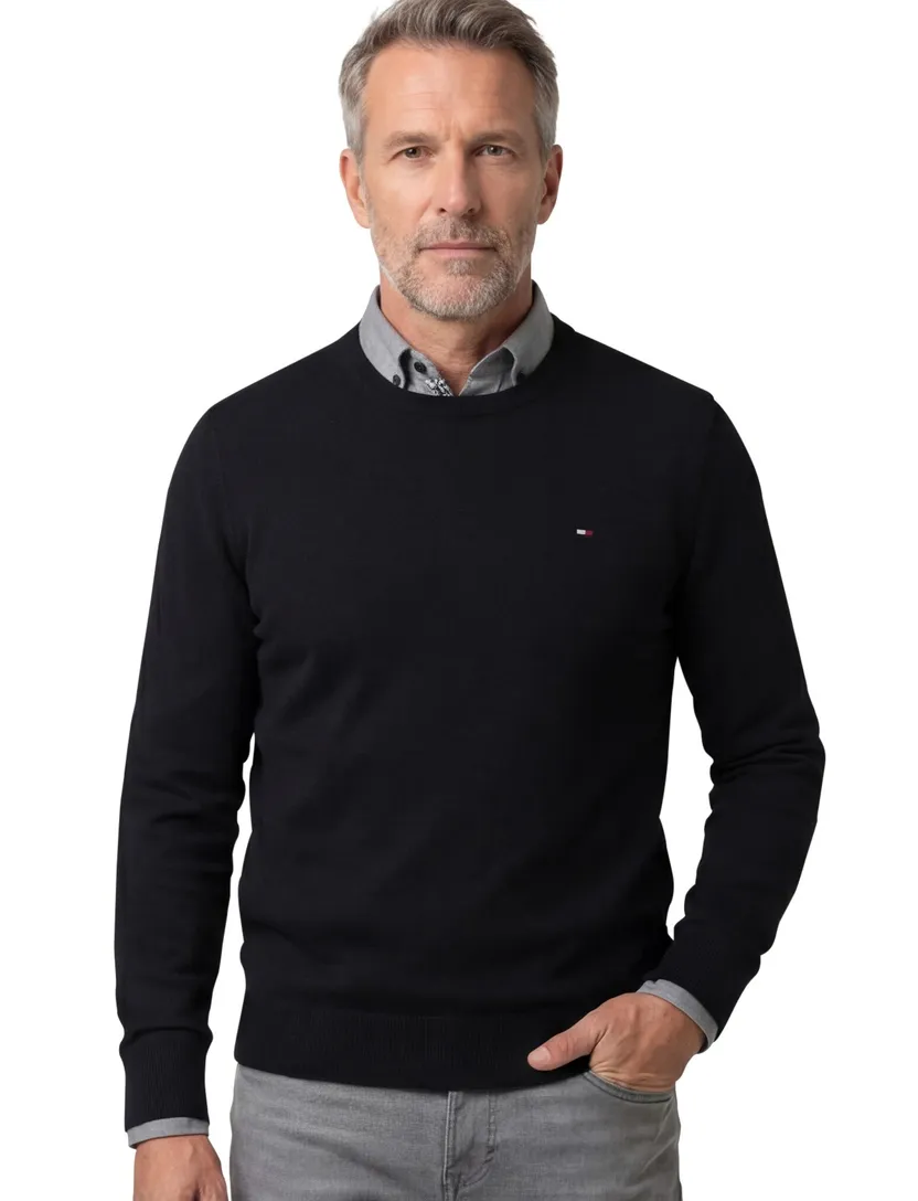 Tommy Hilfiger Big & Tall trui zwart effen katoen ronde hals