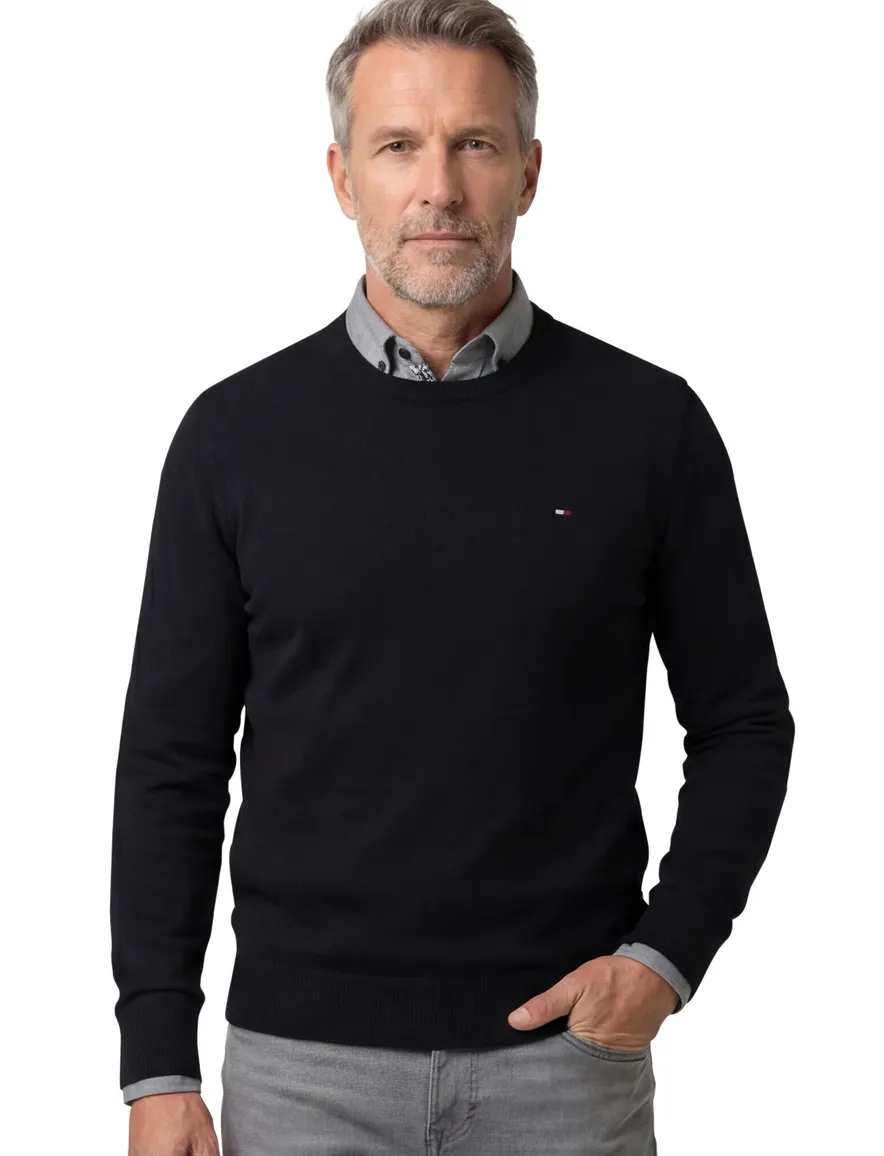 Tommy Hilfiger trui Big & Tall ronde hals zwart effen katoen