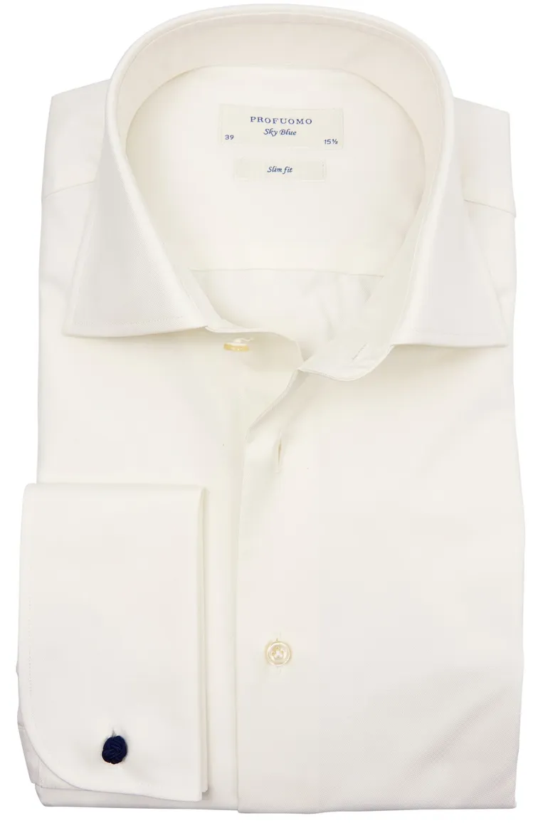 Profuomo Sky Blu overhemd ecru dubbel manchet slim fit