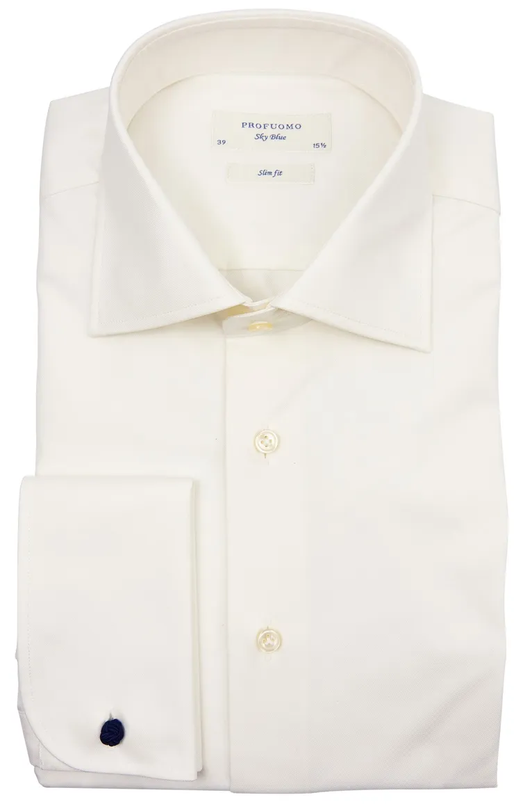 Profuomo Sky Blu overhemd ecru dubbel manchet slim fit