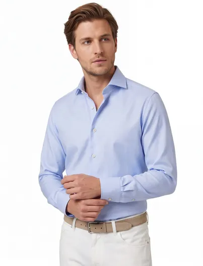 Profuomo Profuomo overhemd mouwlengte 7 lichtblauw effen katoen slim fit
