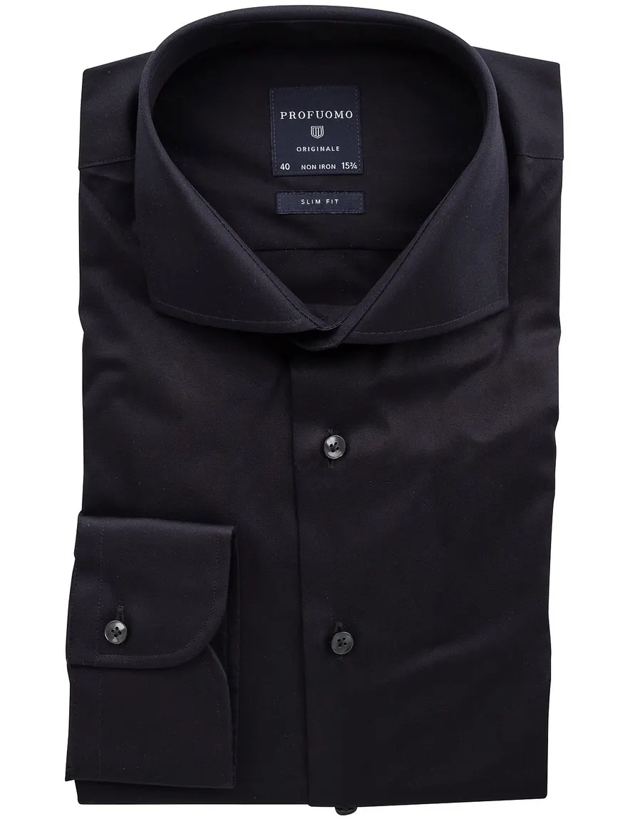 Profuomo zwart overhemd strijkvrij slim fit