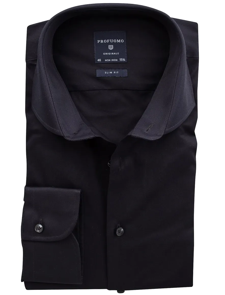 Profuomo zwart overhemd strijkvrij slim fit