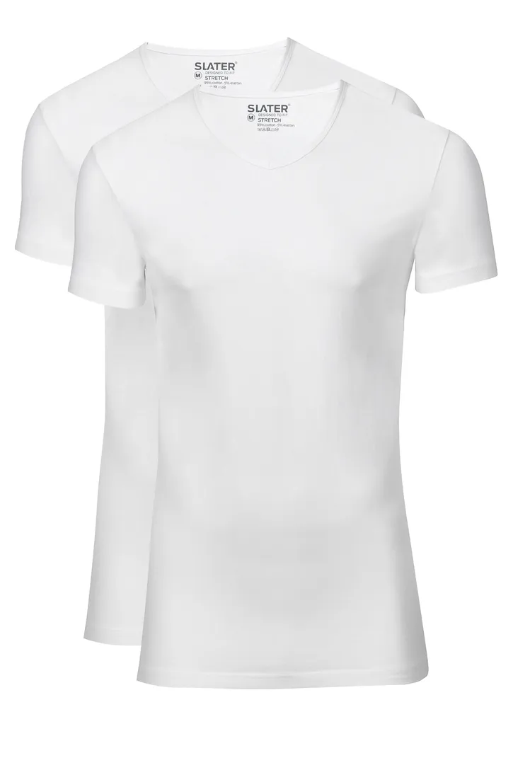 Slater t-shirt effen katoen wit v-hals stretch 2-pack
