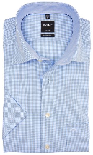 Olymp OLYMP lichtblauw geruit hemd korte mouw strijkvrij
