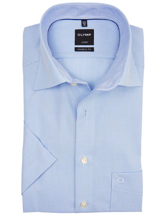 OLYMP lichtblauw geruit hemd korte mouw strijkvrij