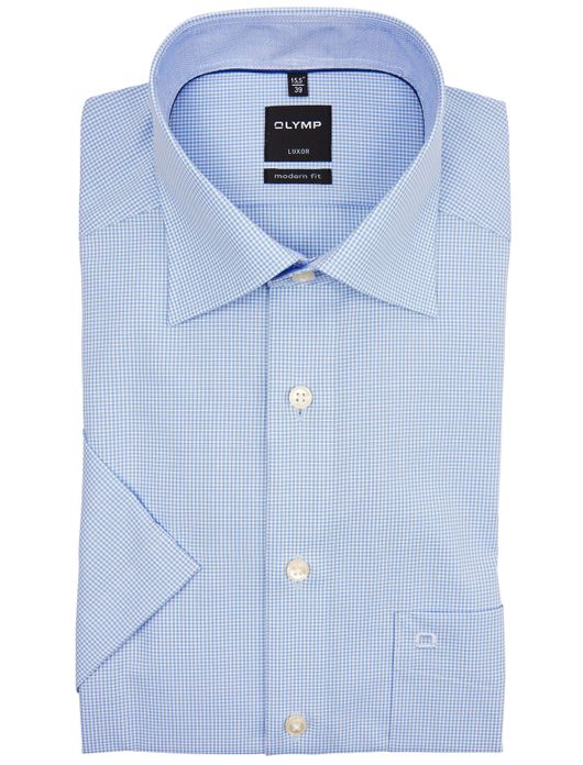 OLYMP lichtblauw geruit hemd korte mouw strijkvrij