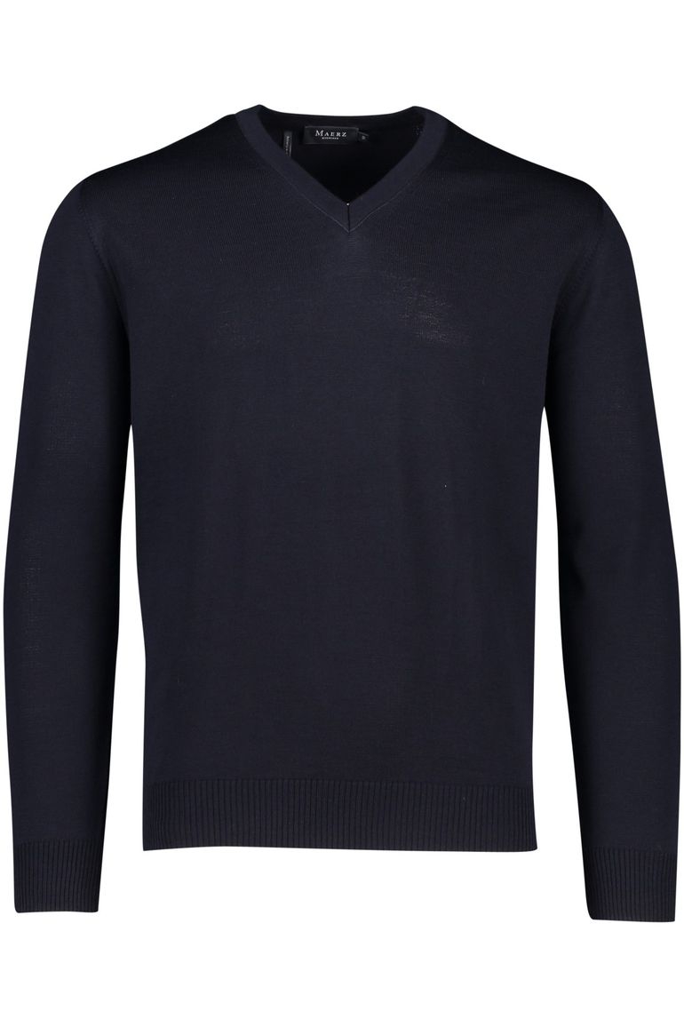 trui Maerz donkerblauw effen merinowol v-hals