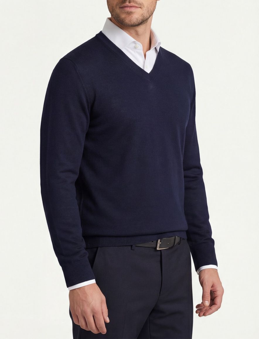 trui Maerz donkerblauw effen merinowol v-hals