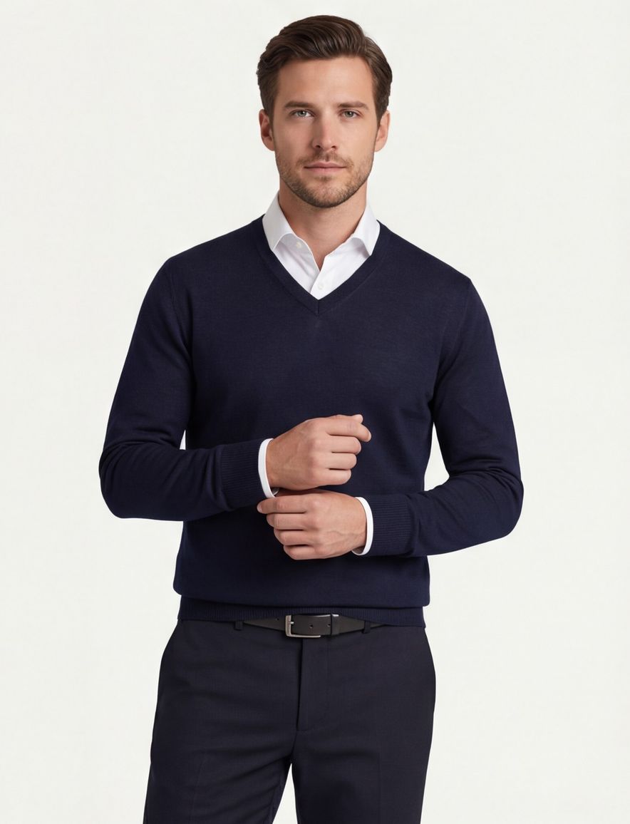 trui Maerz donkerblauw effen merinowol v-hals
