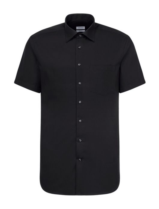 overhemd korte mouw Seidensticker zwart effen katoen normale fit