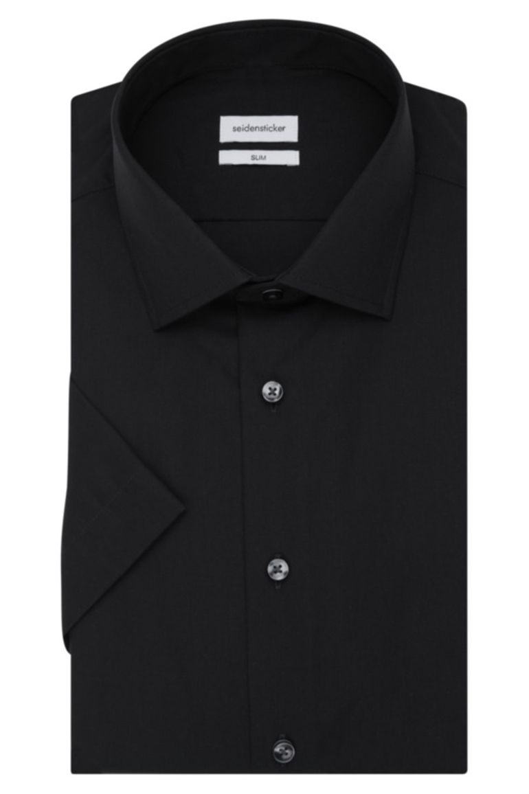 overhemd korte mouw Seidensticker zwart effen katoen slim fit