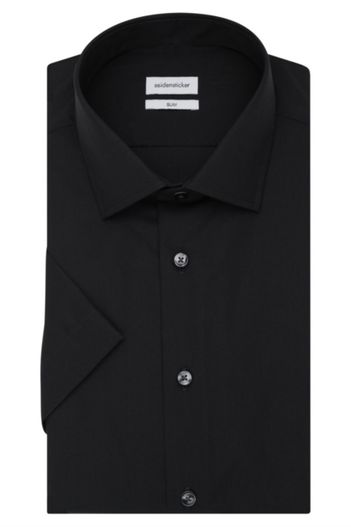 Seidensticker Seidensticker overhemd korte mouw zwart effen katoen Shaped