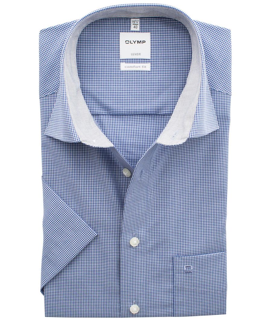 OLYMP strijkvrij overhemd blauw ruit korte mouw