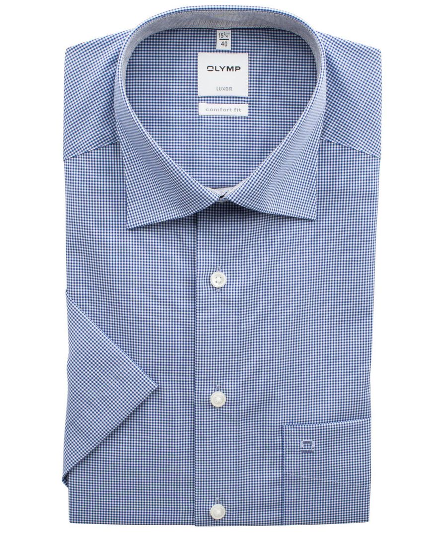 OLYMP strijkvrij overhemd blauw ruit korte mouw