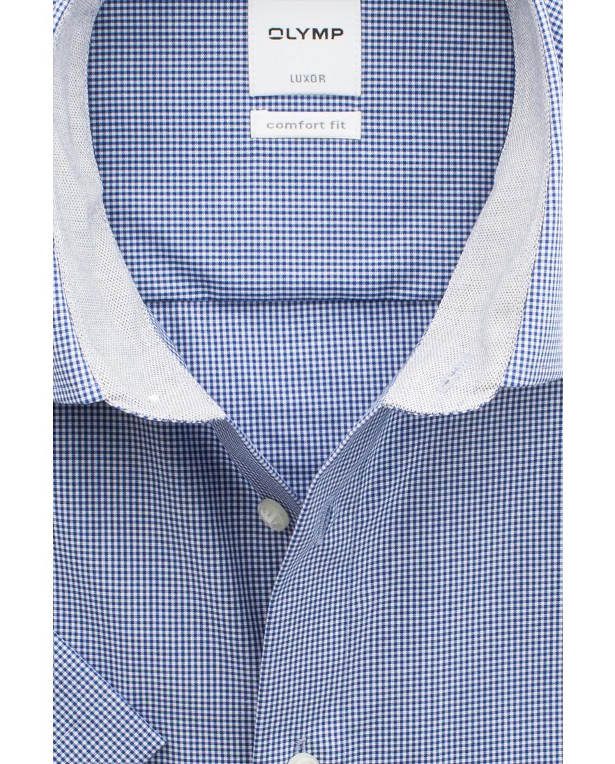 OLYMP strijkvrij overhemd blauw ruit korte mouw