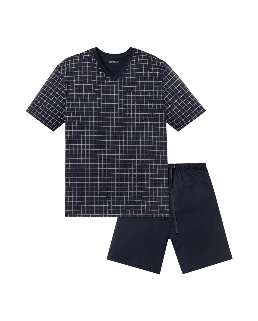 Schiesser Dark Sapphire shortama donkerblauw ruitmotief