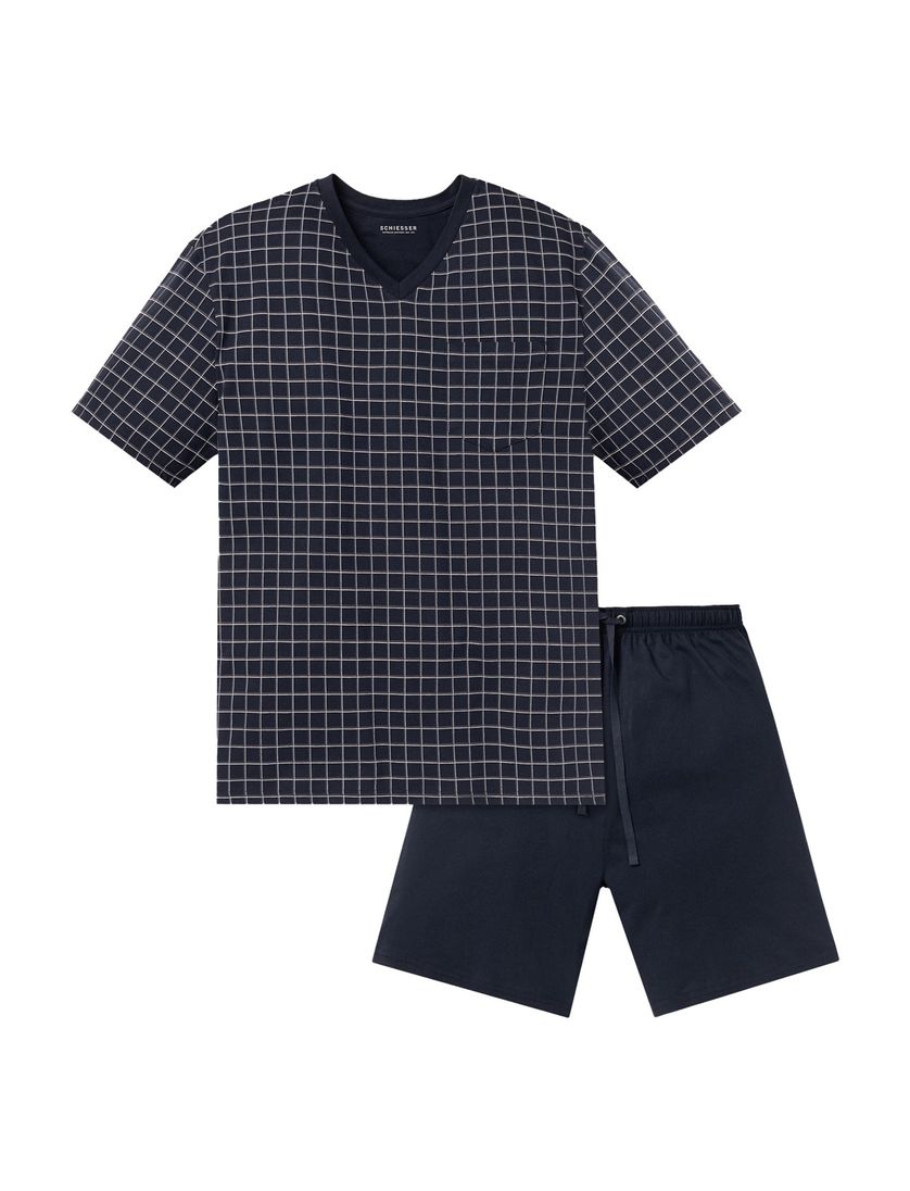 Schiesser shortama donkerblauw ruitmotief