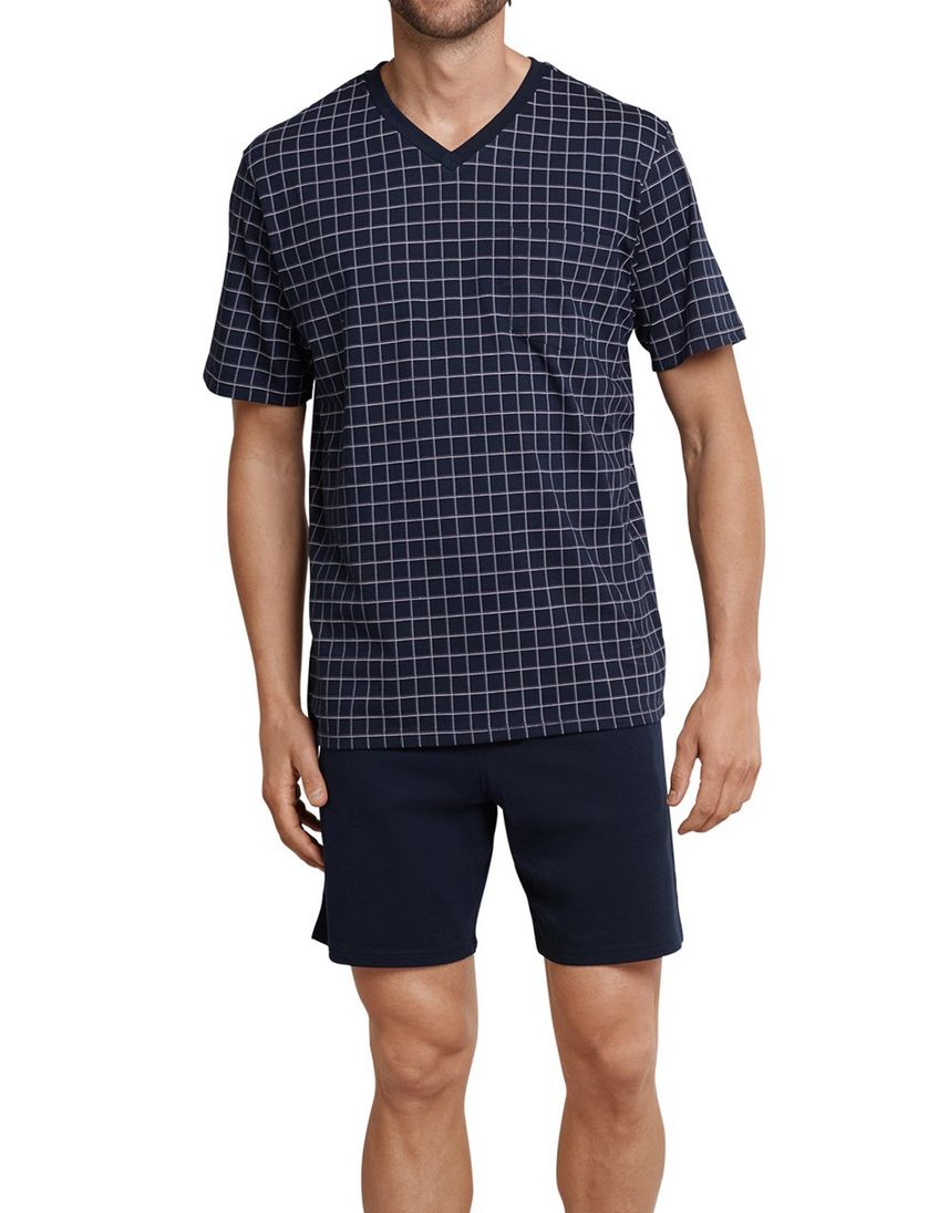 Schiesser shortama donkerblauw ruitmotief