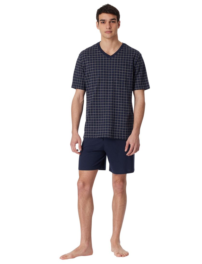 Schiesser shortama donkerblauw ruitmotief