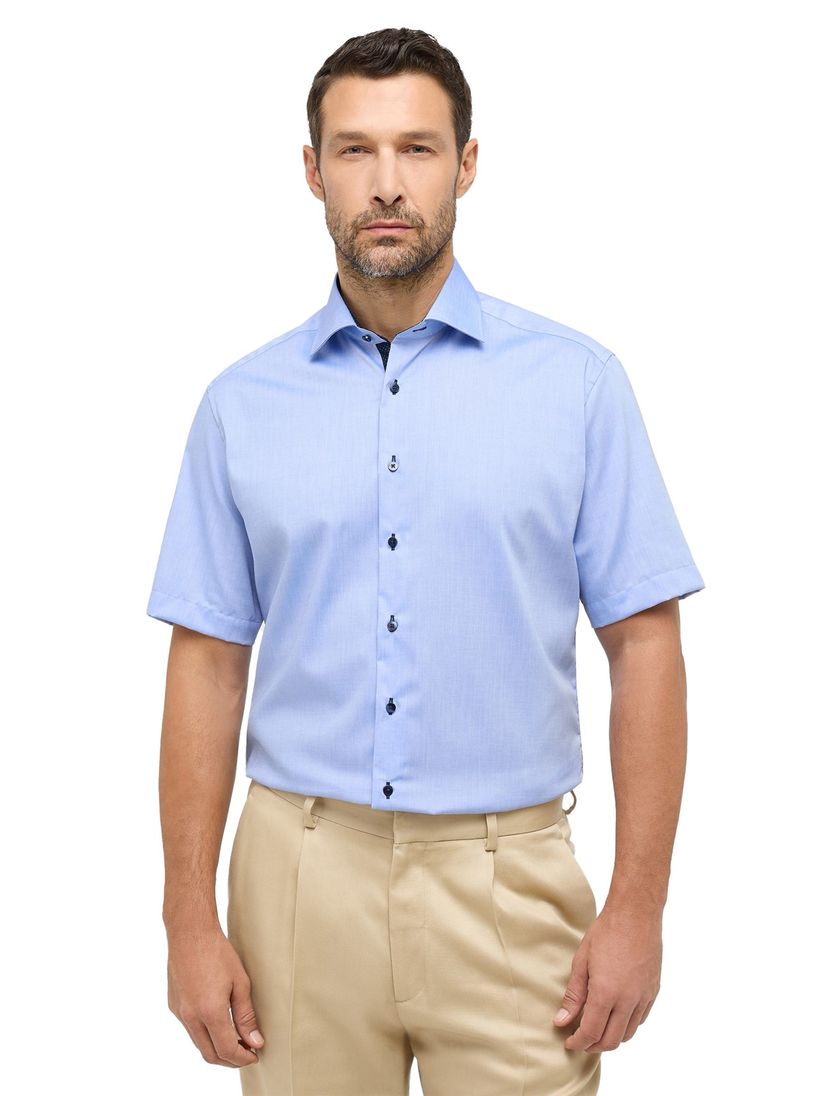 Eterna overhemd korte mouw Modern Fit blauw effen katoen normale fit