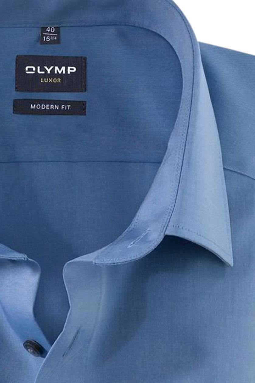 Olymp overhemd korte mouw Luxor Modern Fit blauw effen katoen normale fit