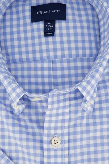 Gant casual overhemd korte mouw wijde fit lichtblauw geruit katoen