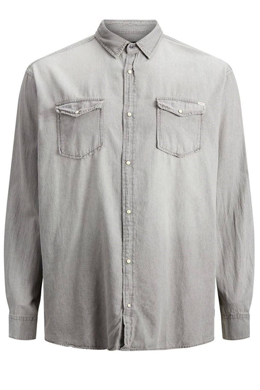 Jack & Jones casual overhemd Plus Size grijs effen denim wijde fit