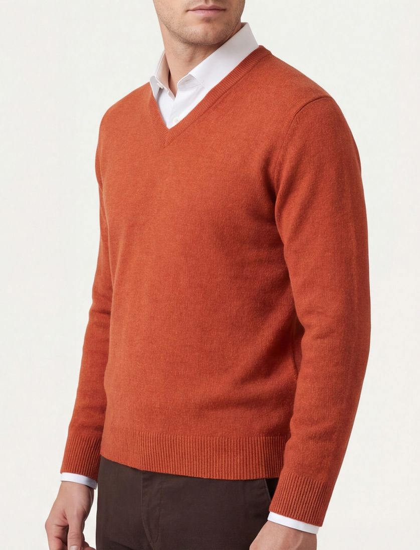 Alan Paine trui v-hals oranje effen lamswol, wol