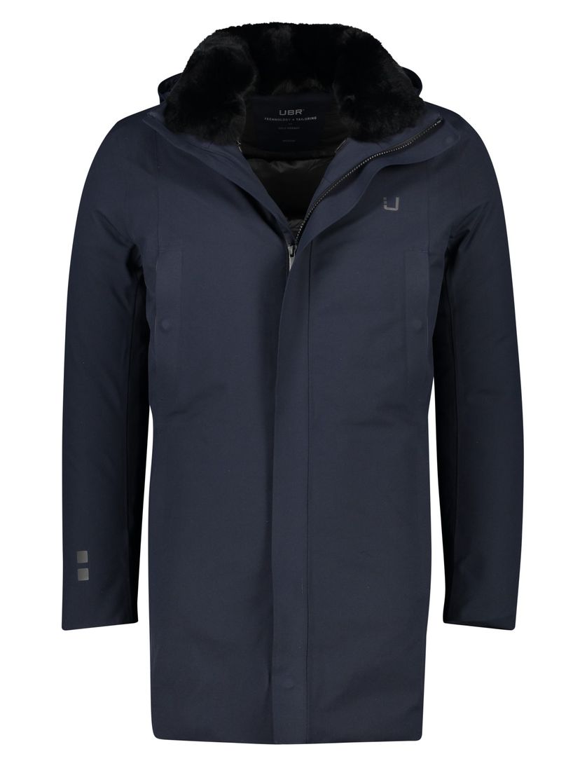UBR winterjas donkerblauw effen rits normale fit afneembare capuchon