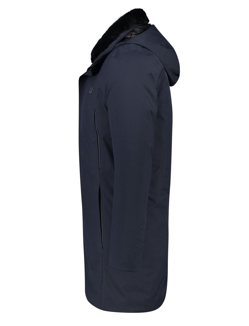 UBR winterjas donkerblauw effen rits normale fit afneembare capuchon