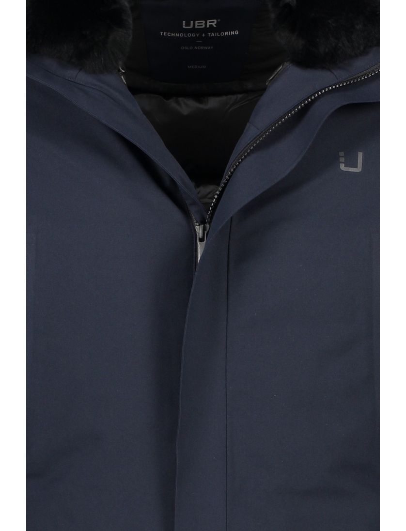 UBR winterjas donkerblauw effen rits normale fit afneembare capuchon