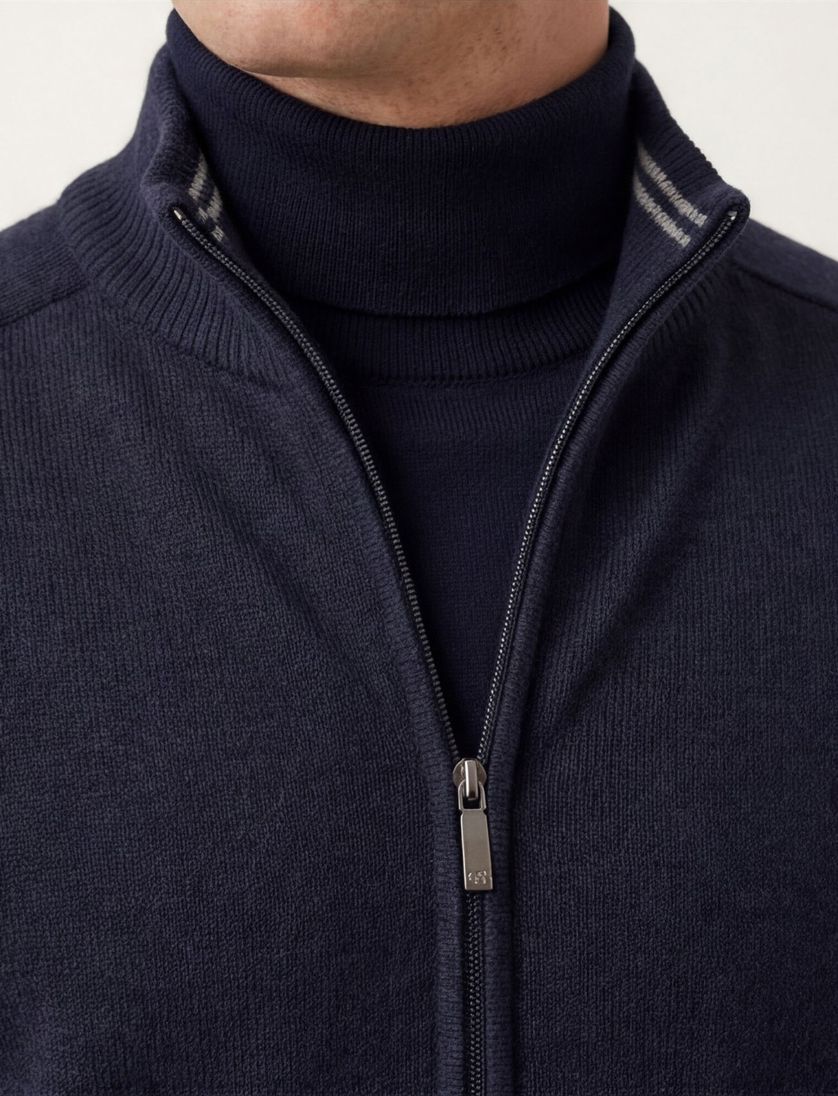 Casa Moda vest navy rits effen katoen opstaande kraag wijde fit