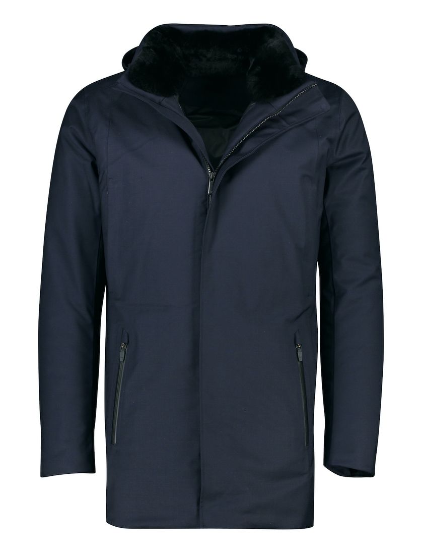 UBR winterjas donkerblauw effen rits + knoop normale fit wol afneembare capuchon