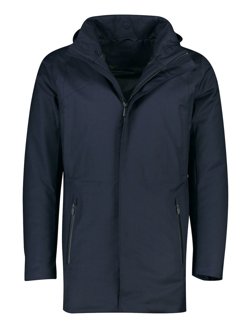 UBR winterjas donkerblauw effen rits + knoop normale fit wol afneembare capuchon